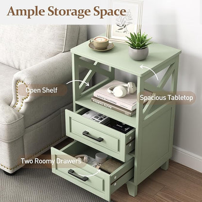 RoyalCraft 30" Tall Nightstand, Modern Painted Bedside Table with 2 Drawers and Open Shelf, Wood Side Table for Bedroom, Home Office, Green-Open Shelf Above, Set of 2