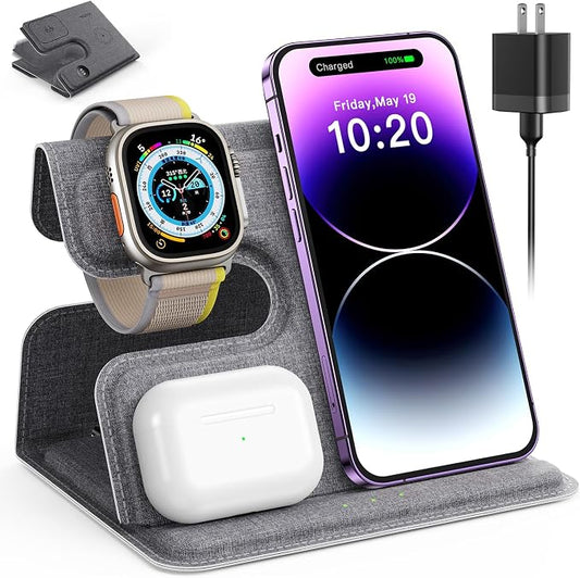 JARGOU 3 in 1 Charging Station for Apple Wireless Charger for iPhone 15 14 13 12 11 X 8 Series Wireless Charging Station for Multiple Devices for Apple Watch Charger for AirPods 2/3/Pro/Pro 2 (Grey)