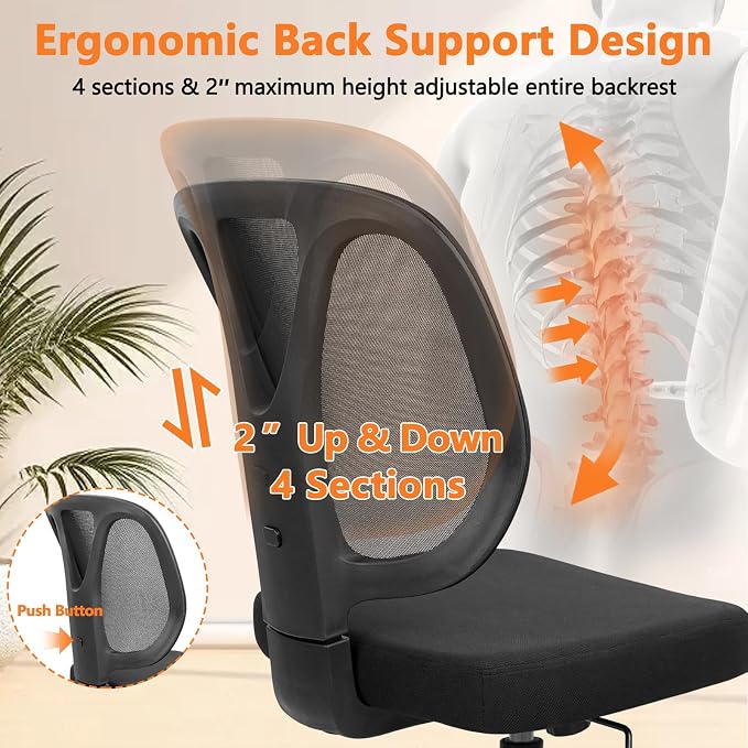 CLATINA Armless Home Office Chair, Adjustable Height Backrest Ergonomic Mesh Desk Chair with Wheels, 360° Swivel Small Computer Task Chair for Home Office, Study, Meeting Room, Black