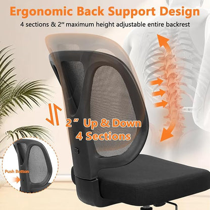 CLATINA Armless Home Office Chair, Adjustable Height Backrest Ergonomic Mesh Desk Chair with Wheels, 360° Swivel Small Computer Task Chair for Home Office, Study, Meeting Room, Black(4 Pack)