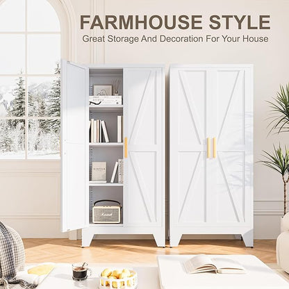Baborokic 61H Metal Storage Cabinet with 2 Doors and Adjustable Shelves,Farmhouse Storage Cabinet with Barn Doors,Pantry Storage for Home,Office,Bathroom,Dining Room,Kitchen(White)