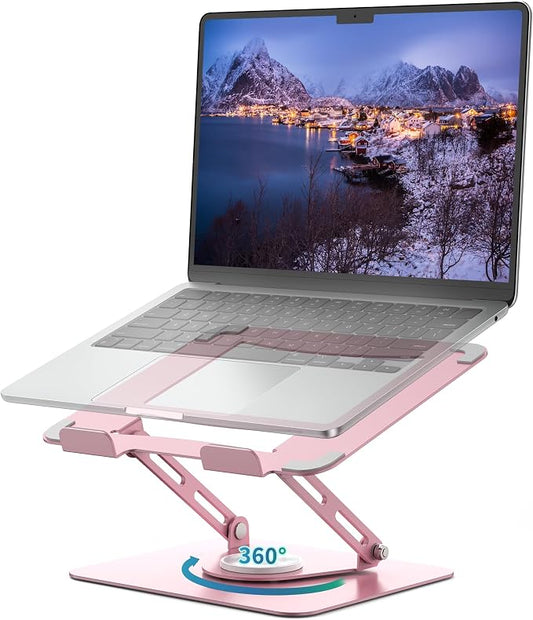 ALASHI Laptop Stand for Desk with 360° Rotating Base, Multi-Angle Adjustable Laptop Stands, Foldable Laptop Riser Compatible with 10 to 17 Inches PC Computer, Pink