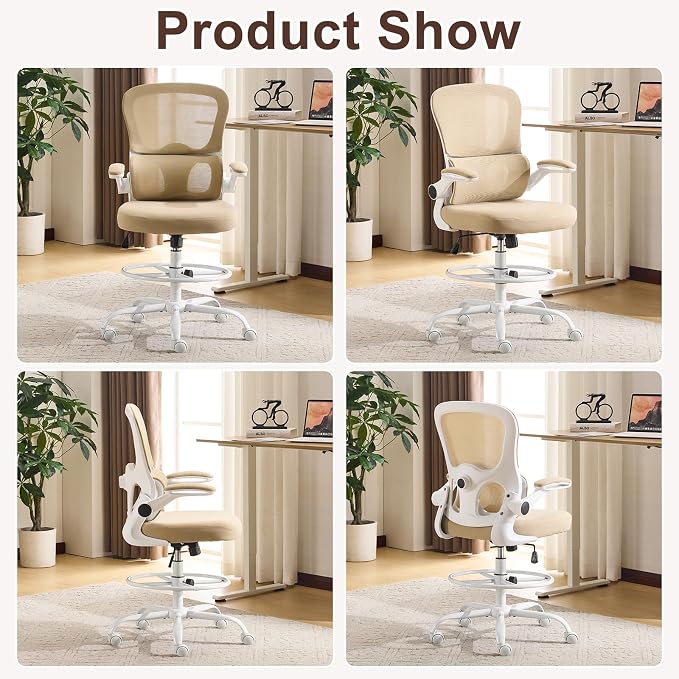 Karl home Ergonomic Drafting Chair, Khaki | Lumbar Support, Flip-Up Armrests, Adjustable Height Footrest Ring, Breathable Mesh, Tall Swivel