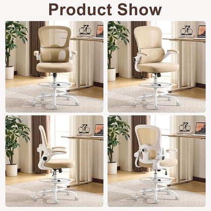 Karl home Ergonomic Drafting Chair, Khaki | Lumbar Support, Flip-Up Armrests, Adjustable Height Footrest Ring, Breathable Mesh, Tall Swivel