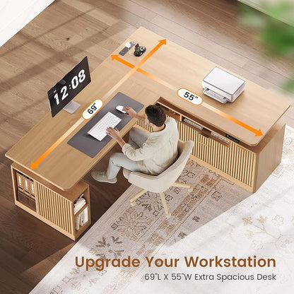 SEDETA L Shaped Electric Standing Desk, 69" x 55"Height Adjustable Office Executive Desk with 4 Drawers and Storage Shelves, Fluted Sit Stand Computer Desk with Power Outlet for Home Office (Natural)