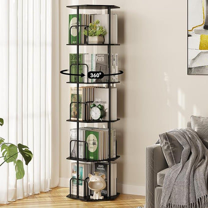 SUNMORY 5 Tier Rotating Bookshelf Tower, Revolving 360 ° Spinning Bookcase, Hexagonal Corner Book Shelf Storage Carousel, Vertical Rotate Turning Organizer Book Shelves for Living Room Office Bedroom