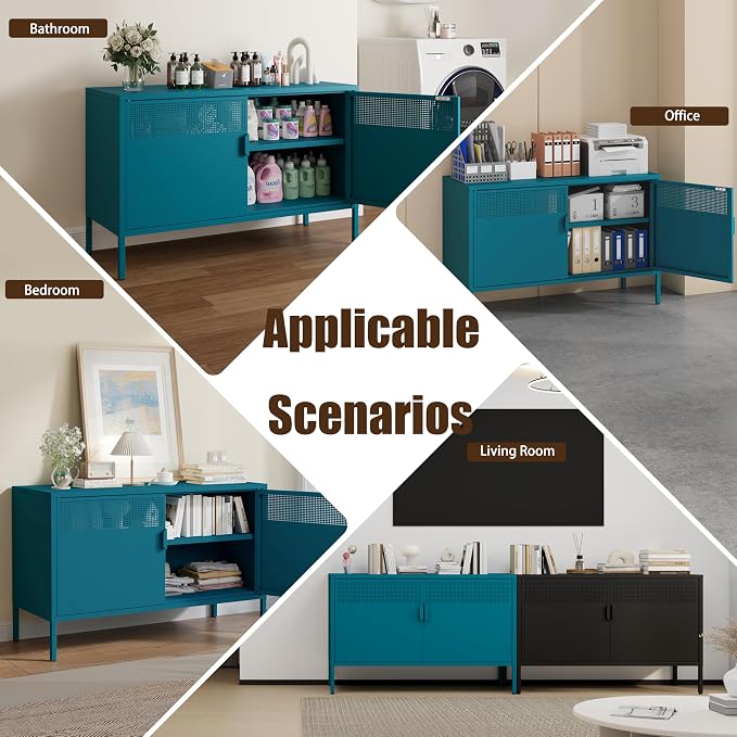 Metal Storage Cabinet with 2 Doors & Adjustable Shelves, 25" H Blue Accent Cabinet, Metal Locker Storage Cabinets, Tv Stand Cabinet for Home, Office, Living Room, Entryway