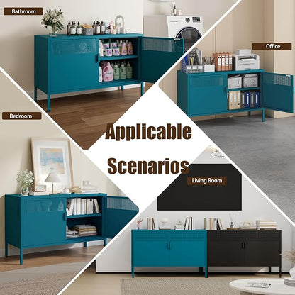 Metal Storage Cabinet with 2 Doors & Adjustable Shelves, 25" H Blue Accent Cabinet, Metal Locker Storage Cabinets, Tv Stand Cabinet for Home, Office, Living Room, Entryway