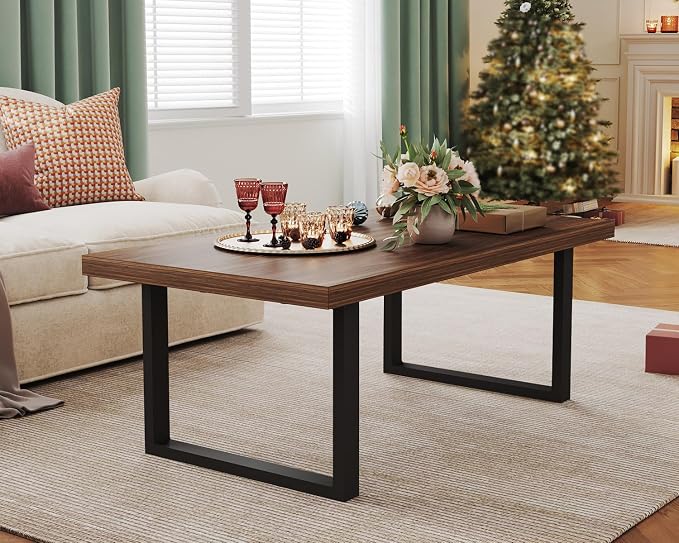 IBF Rustic Coffee Table, Simple Vintage Center Table, Minimalist Industrial Living Room Table, Farmhouse Wood and Metal Rectangle Tea Coffee Table for Home Bedroom Office, Walnut, 47 Inch