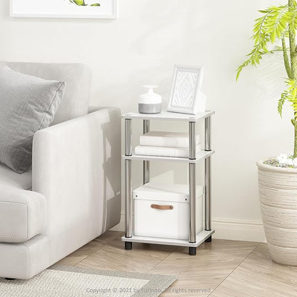 Furinno JUST Side Table Set of 2, 3-Tier Modern End Tables, Toolless Assembly Night Stand, Nightstand, Toolless Assembly, for Living Room, Bedroom, White Oak/Stainless Steel