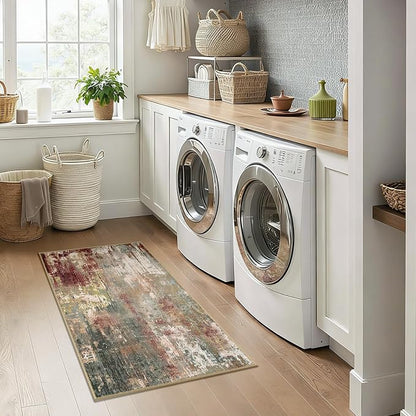 RELEANY Washable Area Rugs 2'x4' Non-Slip Modern Abstract Soft for Living Room Entryway Bedroom Kitchen, Print Pattern, Brown Rust Red Green Blue Multi