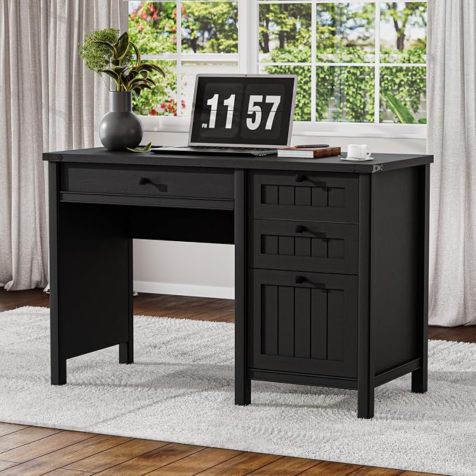 Farmhouse Executive Desk 45 inch Computer Desk with 4 Drawers, Smart Charging Station, Home Office & Study Room Essential for Remote Workers, Professionals & Students, Black