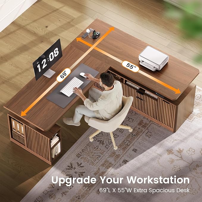 SEDETA L Shaped Electric Standing Desk, 69" x 55" Height Adjustable Office Executive Desk with 4 Drawers and Storage Shelves, Fluted Sit Stand Computer Desk with Power Outlet, Brown
