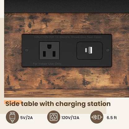 GRUSIGN End Table with Charging Station, Flip Top Side Table with USB Ports and Outlets, 3-Tier Small Side Table with Storage for Small Space, End Tables for Living Room/Bedroom, Brown