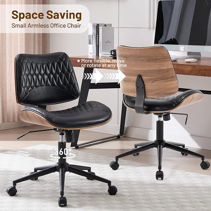 Walnut Bentwood Mid Back Armless Office Chair 2 Pack, Adjustable Height PU Leather Swivel Desk Chair with Wheels, Rolling Computer Task Chair for Home Office, Study, Meeting Room
