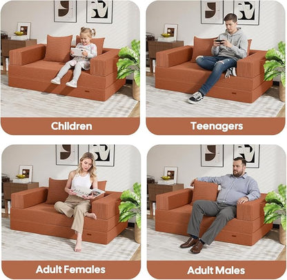 COMAX Futon Sofa Bed, 4‑in‑1 Convertible Sofa Bed, Folding Boneless Couches | Boneless Couch for living room, Fold Out Small Foldable Loveseat Floor Sleeper Mattress Lounge Space‑Saving, Light Orange