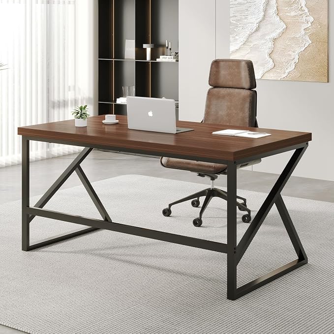 HSH Walnut Computer Desk, Industrial Modern Metal Wood Desk Workstation, Rustic Executive PC Laptop Work Desk Table for Home Office, Simple 55 Inch Writing Study Gaming Desk in Bedroom Living Room
