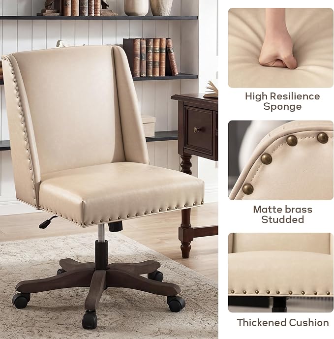 Zihanhome Armless Home Office Chair with Wooden Legs, Modern Leather Upholstered Office Desk Chair No Arms Sewing Chair Adjustable Swivel Desk Chair for Farmhouse Office Study Studio (PU Khaki)