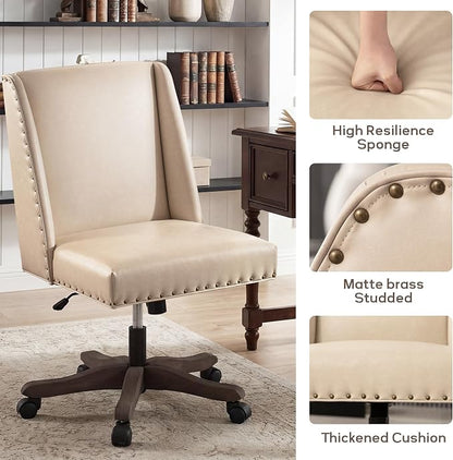 Zihanhome Armless Home Office Chair with Wooden Legs, Modern Leather Upholstered Office Desk Chair No Arms Sewing Chair Adjustable Swivel Desk Chair for Farmhouse Office Study Studio (PU Khaki)