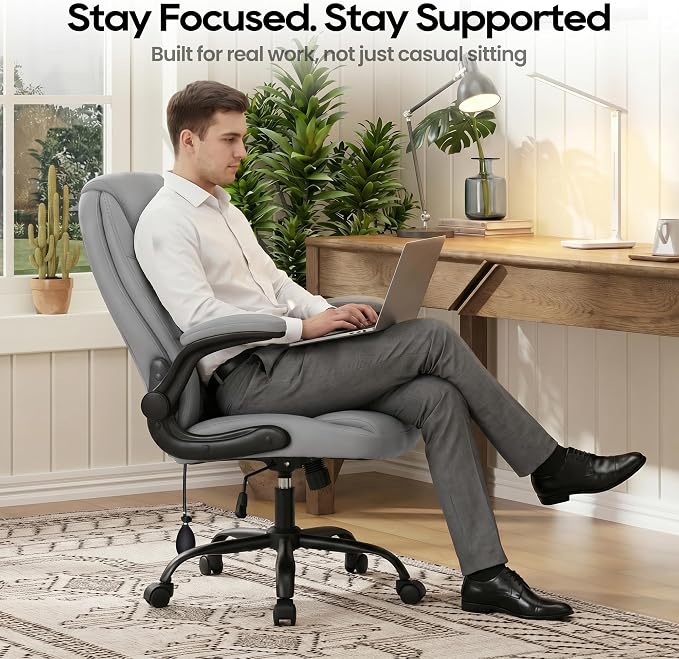MALOL Leather Office Chair, Computer Desk Chair with Adjustable Lumbar Support, Thick Cushion, Flip-Up Arms and Ergonomic Back, Comfy Executive Office Chair for Home Office Gaming,Grey