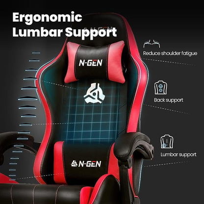 N-GEN GAMING Video Gaming Chair with Footrest Lumbar Support for Home Office High Back Recliner Height Adjustable Ergonomic Comfy Leather Computer Desk Chair (Red)