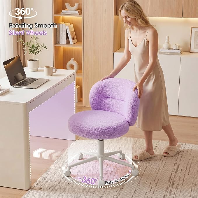 Homkdom Small Round Vanity Chair, Armless Home Office Desk Chairs with Back, Height Adjustable & 360° Swivel, Cute Comfy Vanity Computer Chair for Bedroom, Home Office, Purple