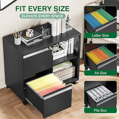Mobile File Cabinet with Side Hook, 2 Drawer Lateral File Cabinet with Lock fits A4/Letters/Legal Size for Home Office,Metal Rolling Printer Stand with Open Storage Adjustable Shelves(Black)