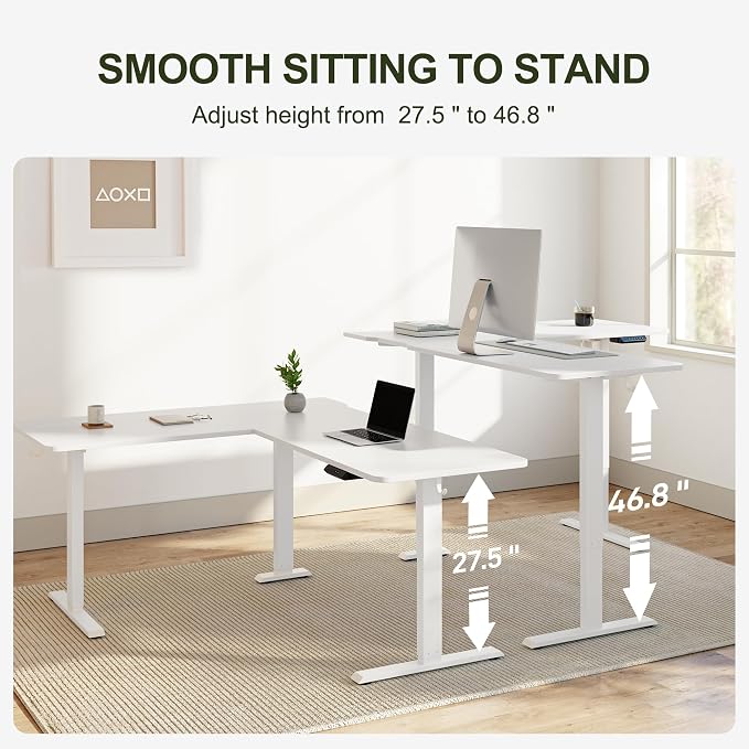 BANTI L-Shaped Standing Desk - 63 x 55 Inch Adjustable Corner Standing Desk with Charging Station - L Shape Sit Stand Table with Memory Controller, Splice Board for Home Office, White