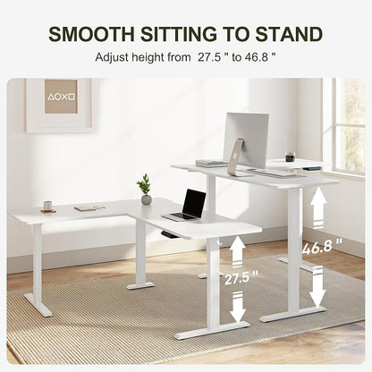 BANTI L-Shaped Standing Desk - 63 x 55 Inch Adjustable Corner Standing Desk with Charging Station - L Shape Sit Stand Table with Memory Controller, Splice Board for Home Office, White