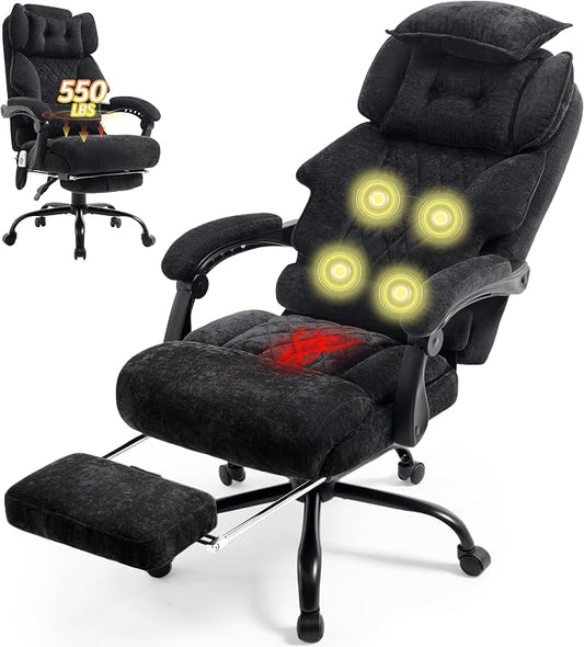 Massage Office Chair with Foot Rest,Kneading & Heat Executive Office Chairs,Big and Tall Fabric Office Chair 500LBS,Ergonomic Desk Chair for Heavy People,Recliner with Dual-Use Pillow,Black