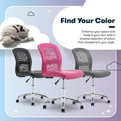 Serta Essential Armless TaskChair, Small Desk Chairs with Wheels, Breathable Mesh Back and Faux Leather, Quality Foam Cushion Seat for Comfort, Minimal Design for Vanity Table, Pink