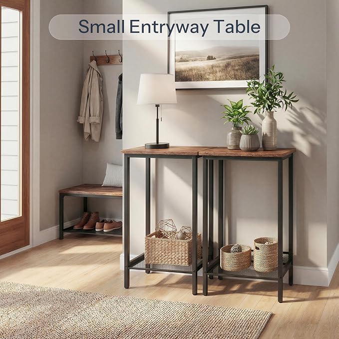 HOOBRO Tall Side Tables, Set of 2, Industrial End Telephone Tables with Adjustable Mesh Shelves, Small Tall Nightstands for Living Room, Bedroom, Entryway, Office, Rustic Brown and Black BF03DHP201