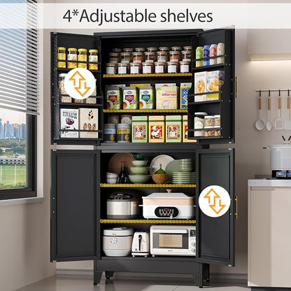 Black Pantry Storage Cabinet, 75" Kitchen Pantry with Doors and 3 Adjustable Shelves, Metal Freestanding Buffet Cupboards Sideboard, for Office, Home, Garage, School