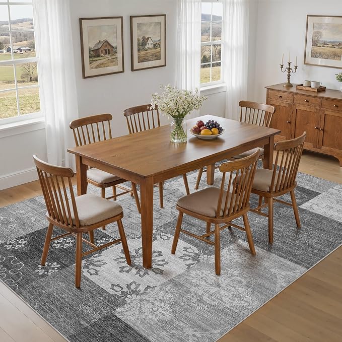 UERMEI 6x9 Area Rug for Living Room - Washable Vintage Carpet, Non-Slip Soft Large Indoor Floor Rugs for Bedroom Home Office & Under Dining Table Decor, Gray Block