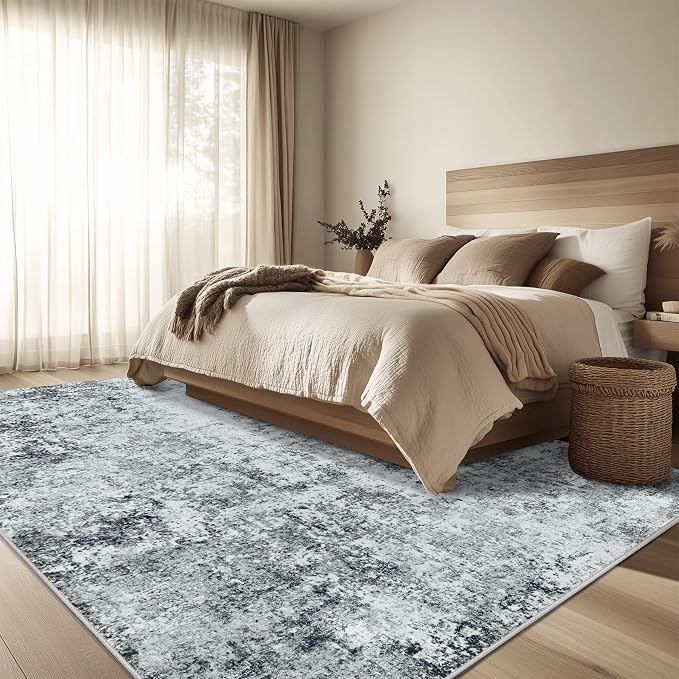 8x10 Area Rug Living Room Rugs - Washable Rug Large Modern Abstract Soft Thin Carpets Indoor Floor No Slip Vintage Carpet for Bedroom Under Dining Table Nursery Home Office Decor Gray White