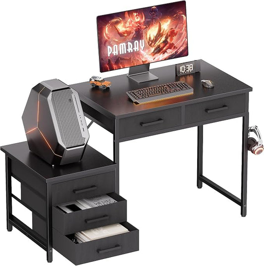 Pamray 47 inch Computer Desk with 5 Drawers and Printer Space for Office | Ample Storage, Space-saving, Easy Assembly, Sturdy, Suitable for Home Office, Study and Writing, Bedroom and Dorms