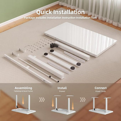 INNOVAR Glass Standing Desk with Drawers & USB Ports,48 inch Whole-Piece Glass Top Adjustable Height Desks, Quick-Install Electric Sit-Stand Up Desk for Home Office & Computer Workstation, White