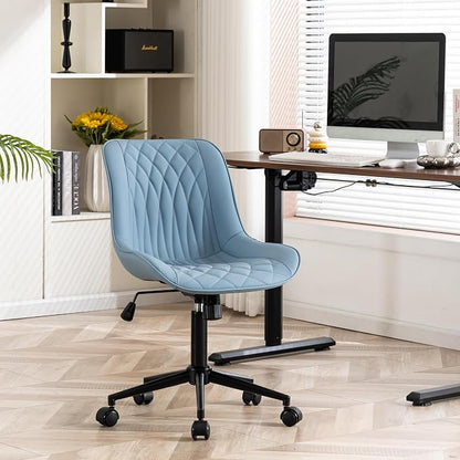 YOUNIKE Blue Office Desk Chair No Arms Vanity Chair with Wheels Modern | Armless, ergonomic high-back design. Comfortable padding and waterproof faux leather. Swivel and height-adjustable.