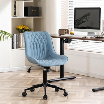 YOUNIKE Blue Office Desk Chair No Arms Vanity Chair with Wheels Modern | Armless, ergonomic high-back design. Comfortable padding and waterproof faux leather. Swivel and height-adjustable.