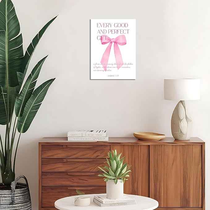 Coquette Pink Bow Wall Art Decor Canvas Posters Framed, Inspirational Bible Verses Bow Wall Decor,Room Bedroom Bathroom Decor Aesthetic for Teen Girls Gifts, 12x16 Inch Set of 3 Bow Pictures