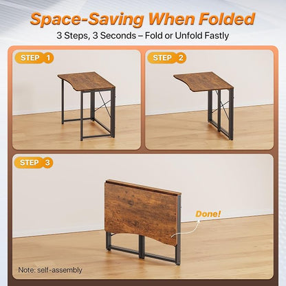 Huuger Folding Desk for Small Spaces, 31.5 Inch Foldable Computer Table, for Home Office, Study, Bedroom, Dorm, Space Saving, Small Writing Work Office Computer Desk, Easy to Fold, Rustic Brown