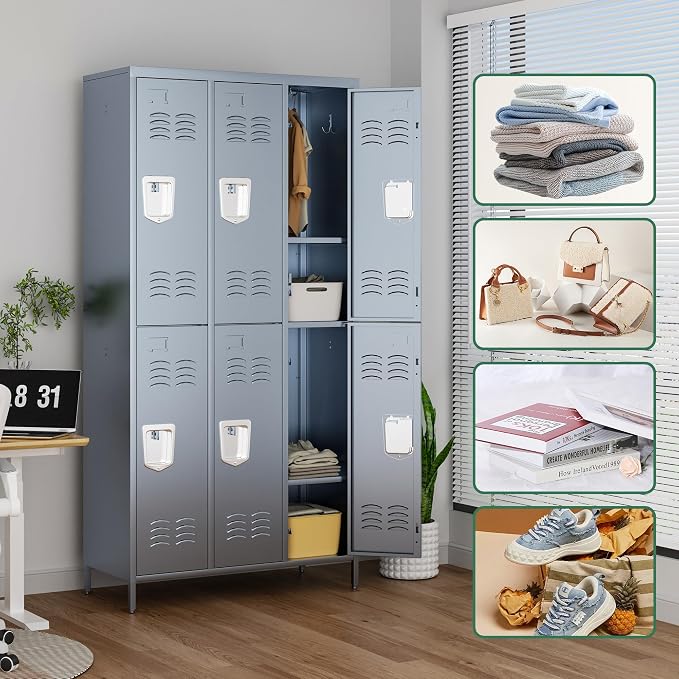 6 Door Metal Lockers for Employees,6 Heavy-Duty Hooks,72" Secure Storage for Home,Offices,Schools & Gyms | Gray