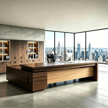 L Shaped Executive Desk with Drawers, Modern Large Wood Home Office Desk, Computer Desk with Storage for Boss Office Workstation