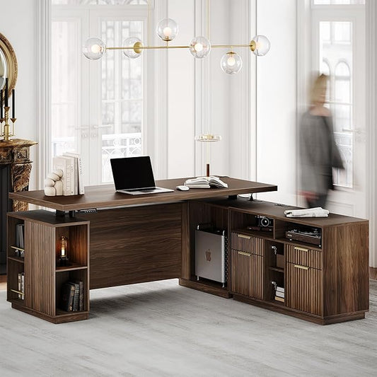 L Shaped Executive Standing Desk with File Cabinet, Electric Height Adjustable Desk with AC/USB and Privacy Panel for Home and Office, Black Walnut