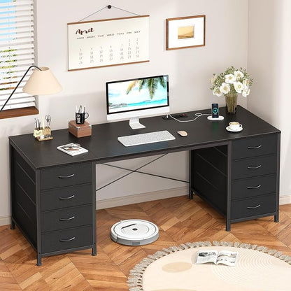 YOMILUVE 60 Inch Computer Desk with 8 Drawers, Home Office Desk with Power Outlets, Work Study Gaming Desk with 8 Fabric Drawers, Black