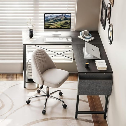L Shaped Desk Gaming Computer 50 Inch Corner Desks Work Table for Writing Study Student with Wood Tabletop Metal Frame CPU Stand Side Bag for Home Office Small Place, Black