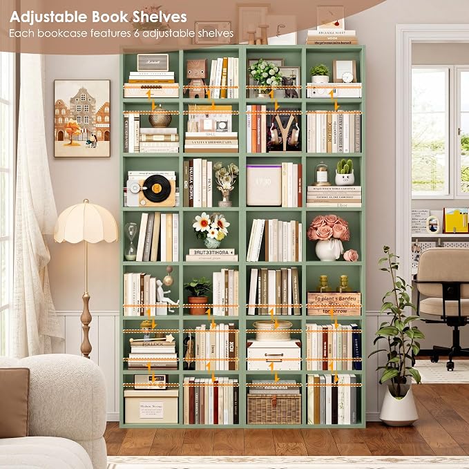 FOTOSOK 71'' Tall Bookshelf with 14 Cubes, 7 Tier Double Wide Bookshelf with 6 Adjustable Shelves, 19.6" Narrow Bookcase DVD/CD Media Storage Shelf, Space Saving Display Shelf Cabinet, Green