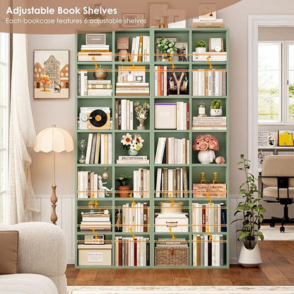 FOTOSOK 71'' Tall Bookshelf with 14 Cubes, 7 Tier Double Wide Bookshelf with 6 Adjustable Shelves, 19.6" Narrow Bookcase DVD/CD Media Storage Shelf, Space Saving Display Shelf Cabinet, Green