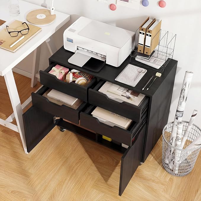 Black File Cabinet with 4 Drawers and 2 Doors, Under Desk Mobile Storage Organizer, Wooden Printer Stand on Wheels, 29" Lateral Filing Cabinet for Home Office Living Room (Black, 4 Drawer & 2 Door)