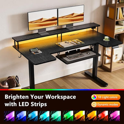 OffiGo U Shaped Electric Standing Desk with Keyboard Tray, 55 Inch Height Adjustable Desk with Power Outlets & LED Lights, Sit Stand Table with Monitor Stand for Home, Office, Black